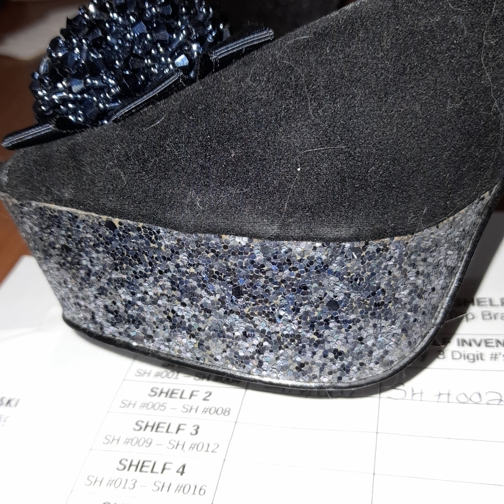 WOMENS ALDO BRAND HIGH HEEL OPEN TOE POM POM SEQUIN SHOES - Picture 10 of 10